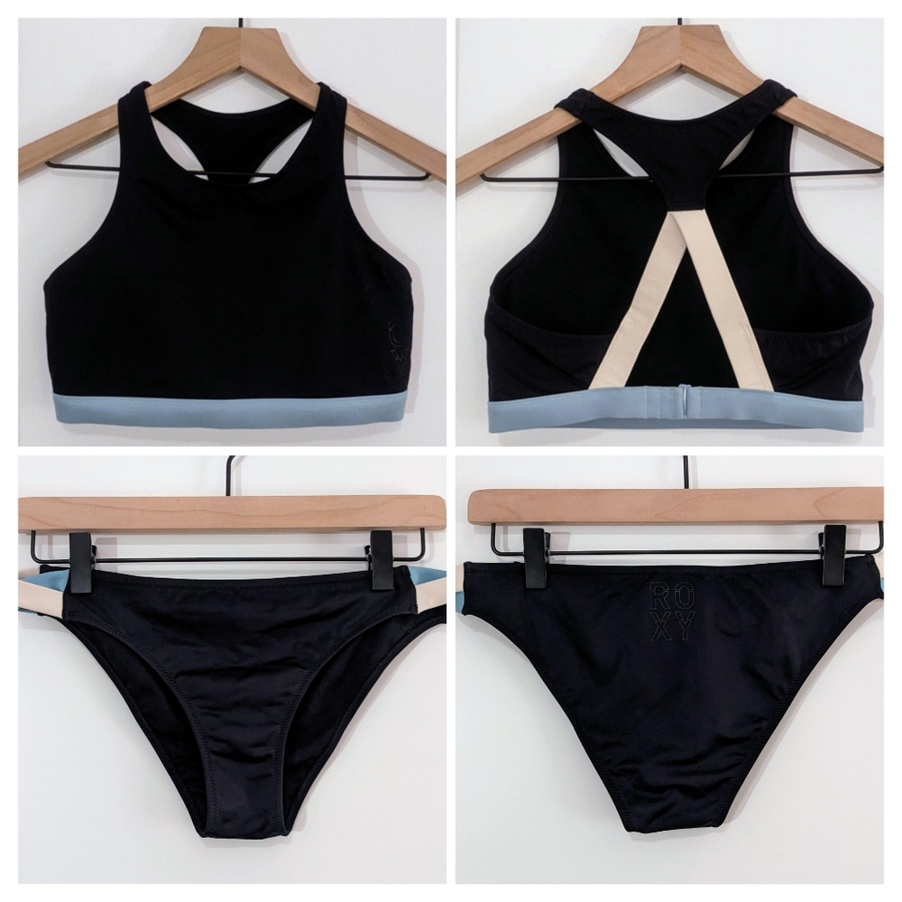 ROXY Athletic Black Mint Cream Halter Adjustable Bikini Set Size Small